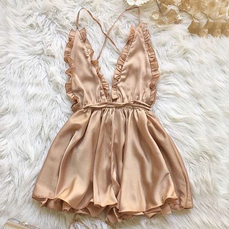 Women Sexy V-Neck Backless Pajamas Shorts Dresses One Piece Home Clothes Jumpsuits Satin Sleep Underwear Loungewear 6Q2628 |