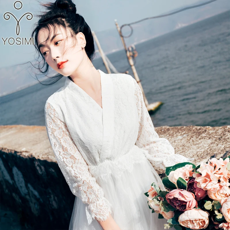 YOSIMI 2019 летнее женское платье вечернее миди винтажное кружевное и Сетчатое с v