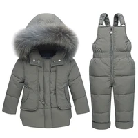 children winter white duck down clothing sets 2018 new baby girl overalls ski snow suit for boys kids nature fur jacket pants