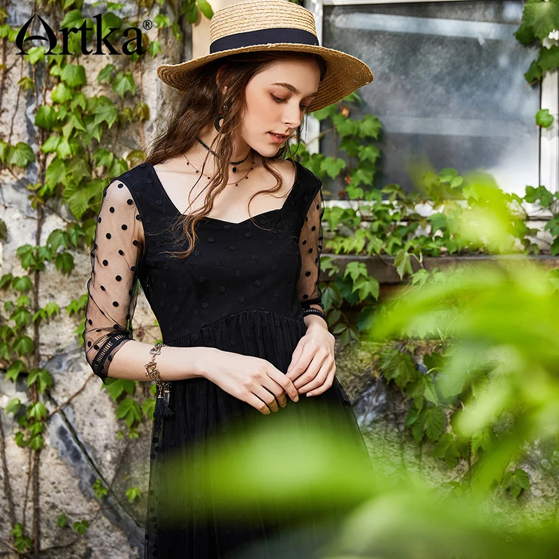 ARTKA 2018 Ранняя осень Винтаж точка сетки шить плиссированные пикантные Высокая