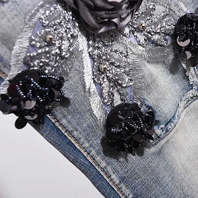 Женский комплект из двух предметов джинсы высокого качества с бусинами| |