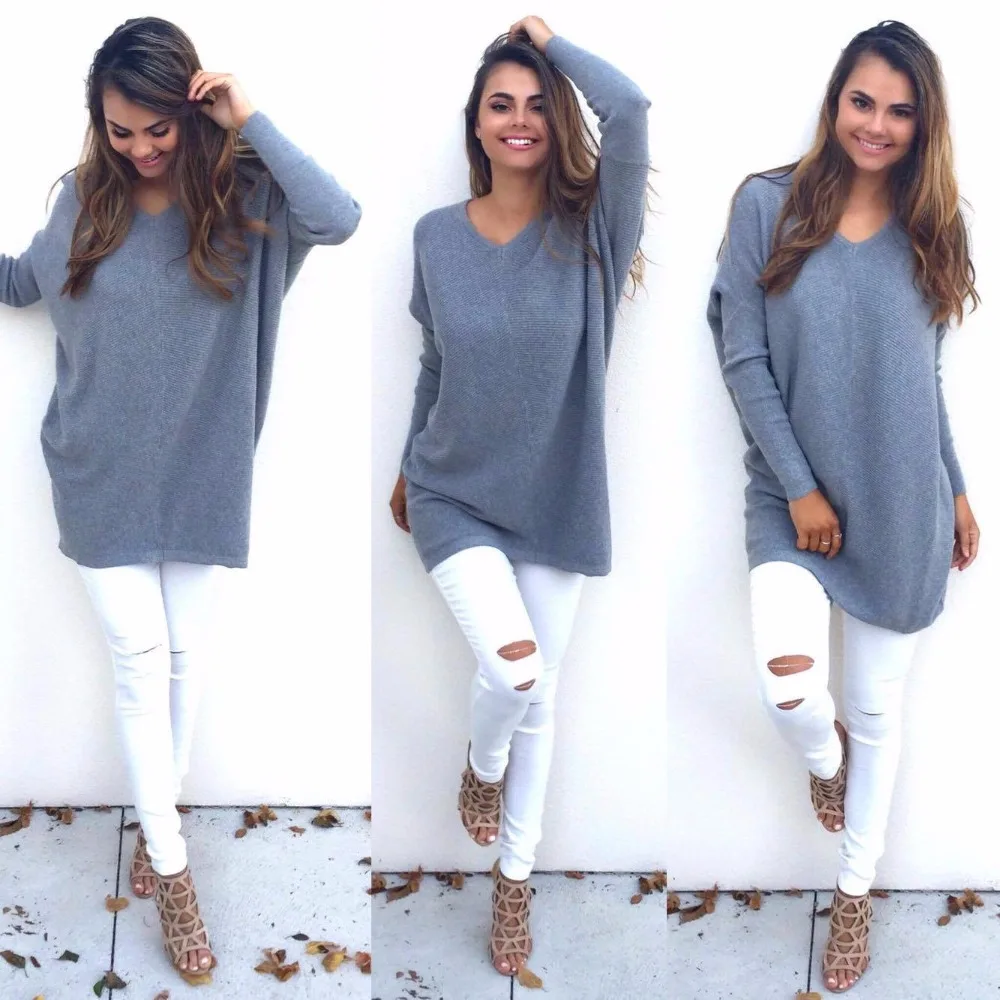 Autumn Batwing Long Sleeve V-neck Basic Sweater Women Casual Plus Size Loose Pullovers Pull Femme | Женская одежда