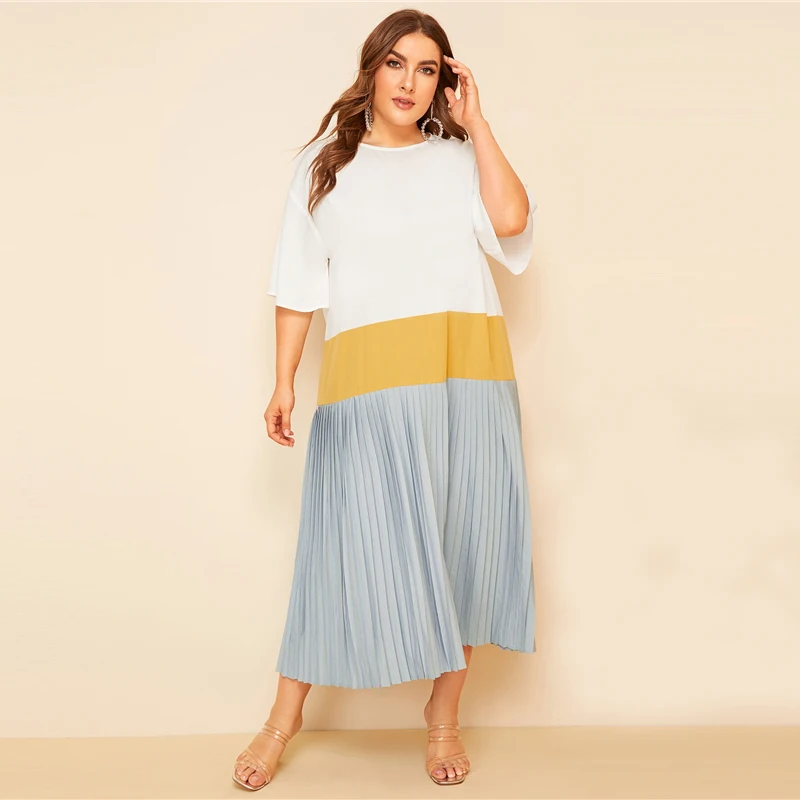 SHEIN, разноцветное плиссированное платье с открытыми плечами размера плюс,, женское летнее Повседневное платье-туника с рукавом до локтя