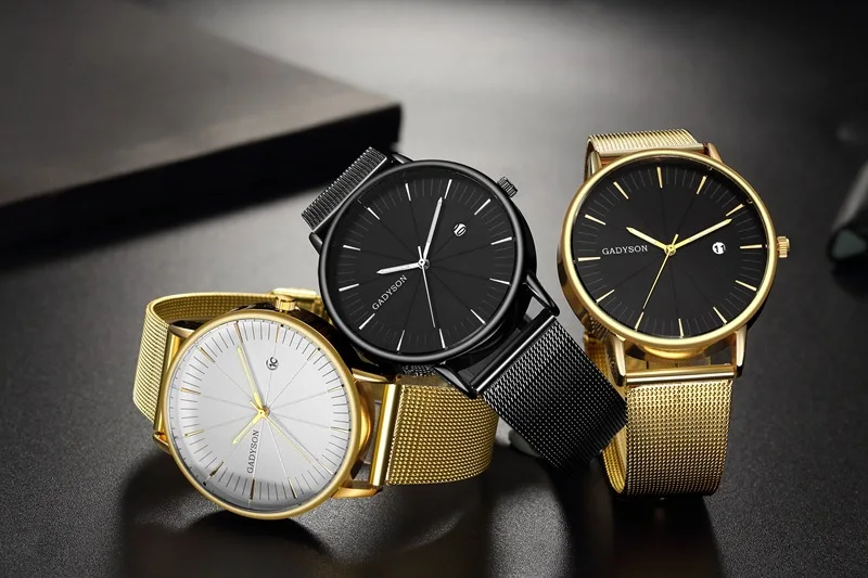 

Fashion high-end simple black business calendar men's watch fashion alloy mesh belt watch gold watch men
