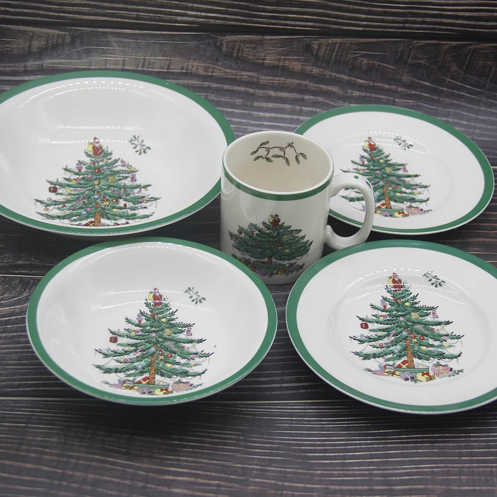5 pcs/ Set Christmas Tree Ceramic Dinnerware Set Breakfast Plate Beef Dishes Dessert Dish Fruit Snack Plate Simple