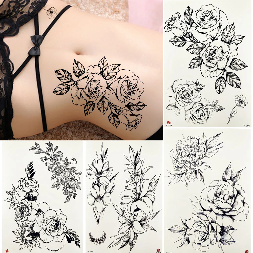 

YURAN Waterproof Sketch Tattoos Temporary Women Sexy Body Waist Arm Fake Flower Tatoos Stickers Girl Daisy Rose Art Tattoo Paste