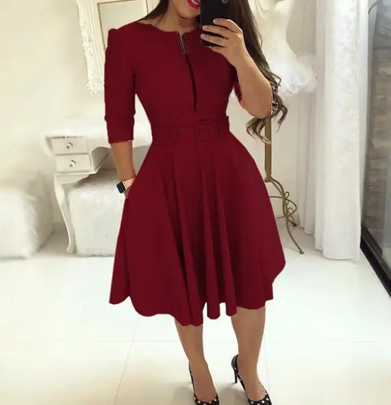 Шампанское Половина рукава Элегантная туника платье миди Для женщин с круглым вырезом Повседневное Sash молния платье Офисные женские туфли одноцветное работа платье Vestidos - Цвет: Красный