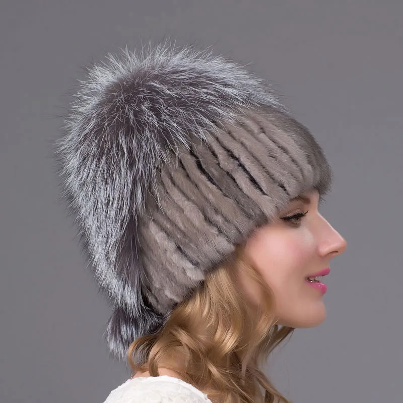 Теплые На зимнем меху шляпа кожа замша соломенная с помпоном из лисиного меха