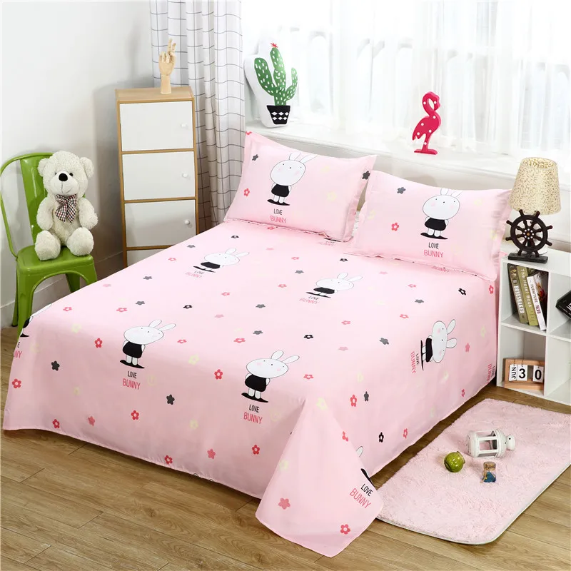 Cartoon Print Bed Linens Flat Bed Sheet Plain Feather Printed For Single/ Double Bed Twin Queen King Size Bedsheets FS01 1 PC