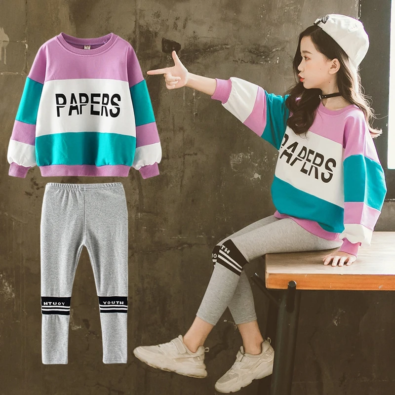 

Children's Suits Autumn Winter Girls Clothing Sets Warm Teenagers Sweatshirt Letter Patchwork Cotton Tops+Leggings Trouser Pant