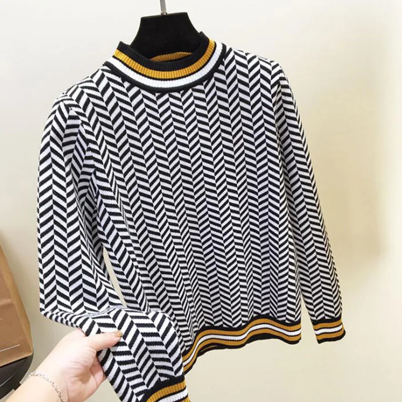2019 New Europe and America Striped splice knit sweater Women Spring autumn fashion Leisure loose Knit pullover cc447 | Женская одежда