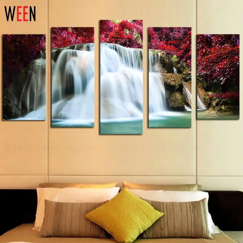 Без рамки 5 шт. Красные Деревья водопад картина Печать Картина Декор стены