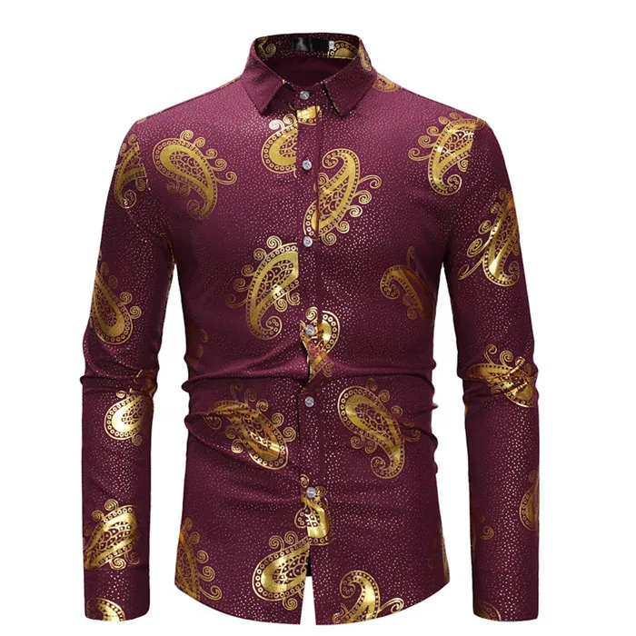 CS58 wine red Розы Bronzing белая рубашка для мужчин Роскошные Золотая фольга с принтом с длинным рукавом s повседневные платья рубашки для мальчиков Camisa Masculina - Цвет: CS58 wine red