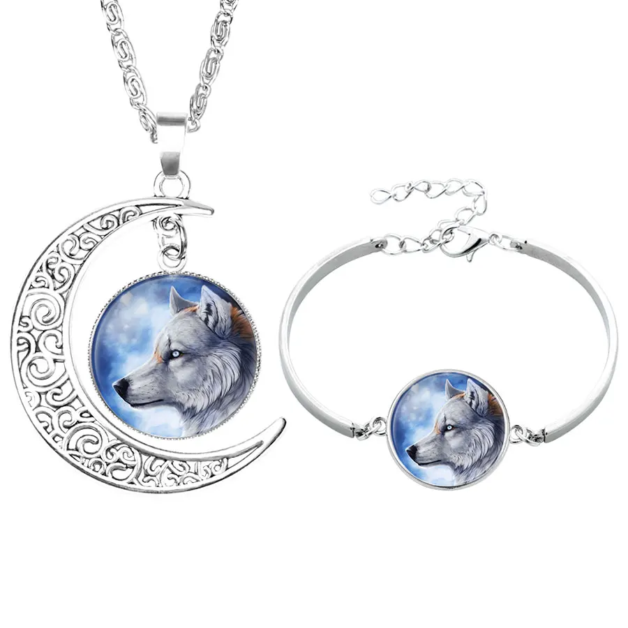 NingXiang серебряный цвет Готический волк Sirius стеклянный кабошон луна кулон ожерелье
