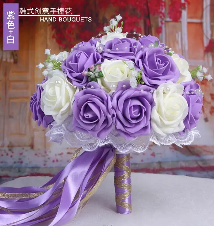 purple and white 30 роз свадебные букеты ручной работы Свадебный цветок свадебные подарки свадебные аксессуары цветы груши бисером с лентой - Цвет: purple and white