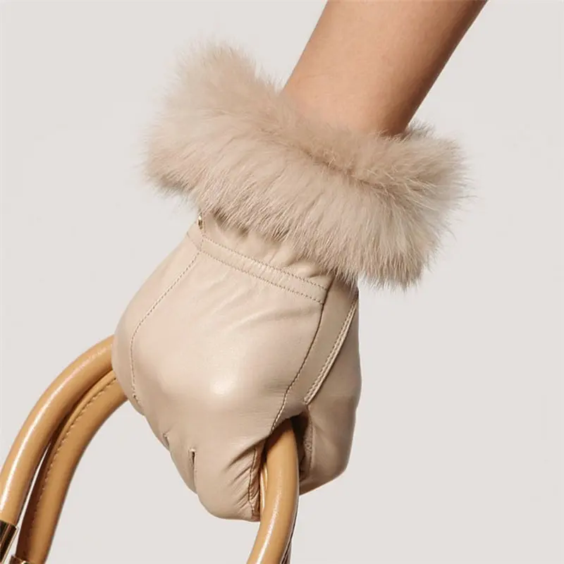 beige Высококачественные Брендовые женские кожаные перчатки из овчины, модные трендовые перчатки для вождения с кроличьим мехом, EL002PC-5 - Цвет: beige