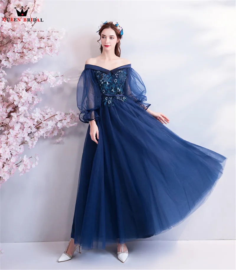 A-Line тюлевые цветы украшенные бисером Длинные вечерние синие платья 2020 Новый