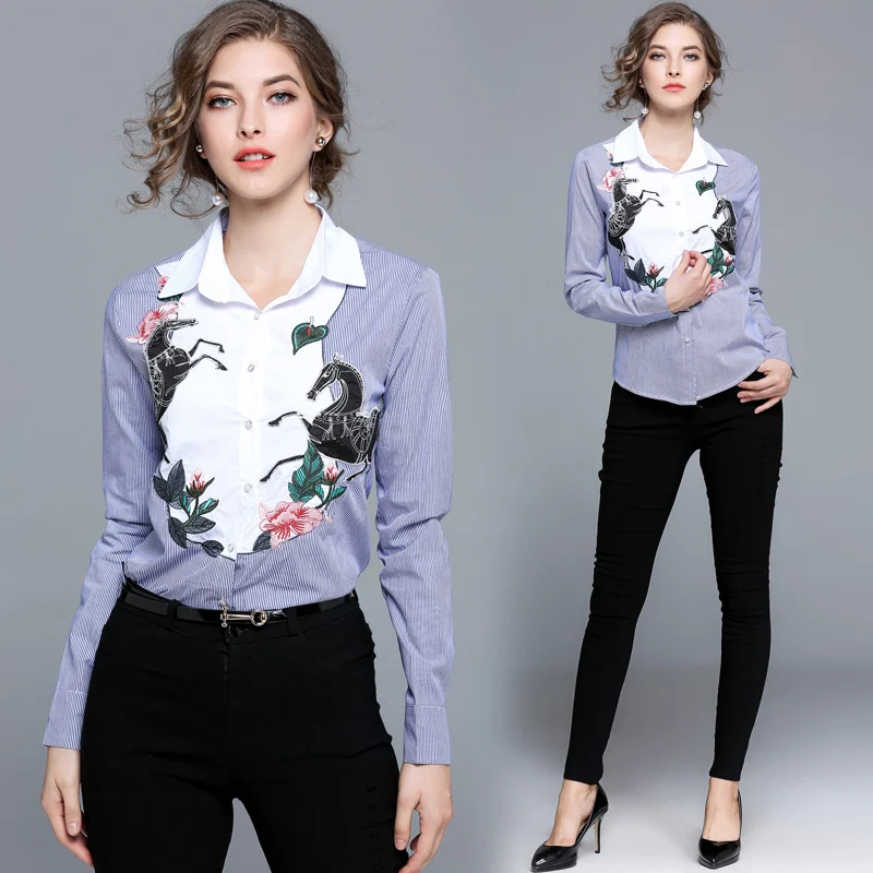 2017 одежда на осень новый Для женщин европейский модная рубашка прикреплена ткань