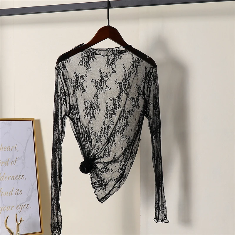 Женская кружевная блузка прозрачная с длинным рукавом|Блузки| |
