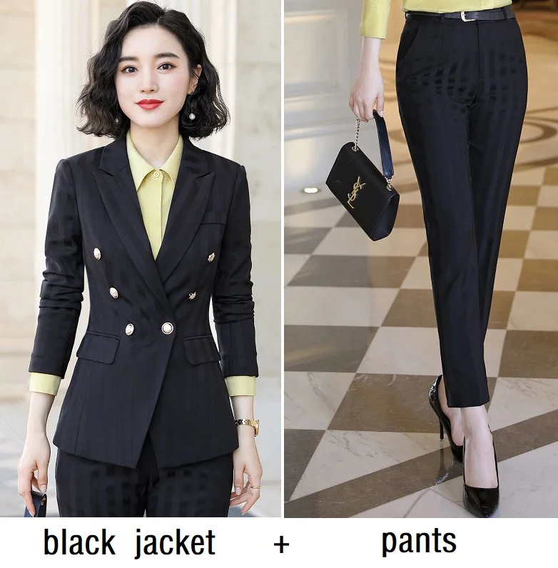 black jacket pants Женские костюмы, тонкие осенние полосатые куртки с длинным рукавом и штаны, комплект из 2 предметов, OL Официальные Женские Брючные костюмы, женские костюмы 9851 - Цвет: black jacket pants