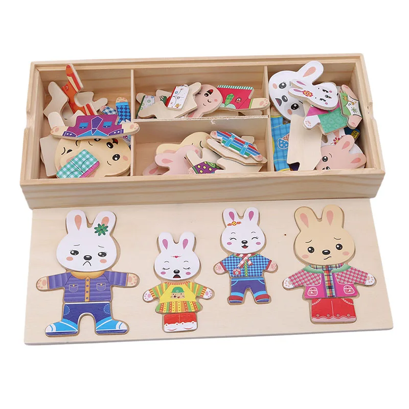 

Мультяшная деревянная игрушка кролик меняющая одежду Пазлы обучающее платье меняющая пазл игрушки для детей