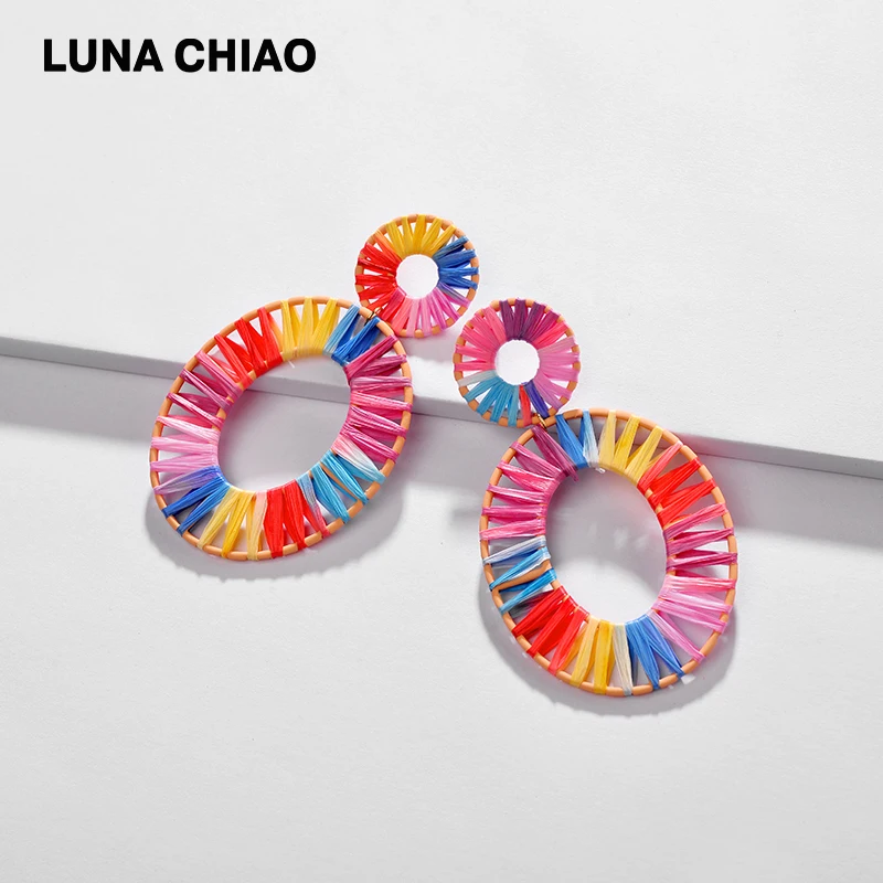 Женские Разноцветные серьги LUNA CHIAO большие овальные из соломы с радужной