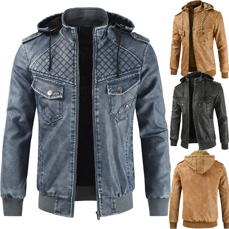 Мужская осенне зимняя теплая кожаная куртка модная повседневная прямая