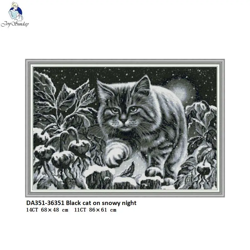 Black Cat On Snowy Night Patterns Cross Stitch Kits 11CT Printed Fabric 14CT Canvas DMC Count Embroidery Thread Sets DIY Crafts