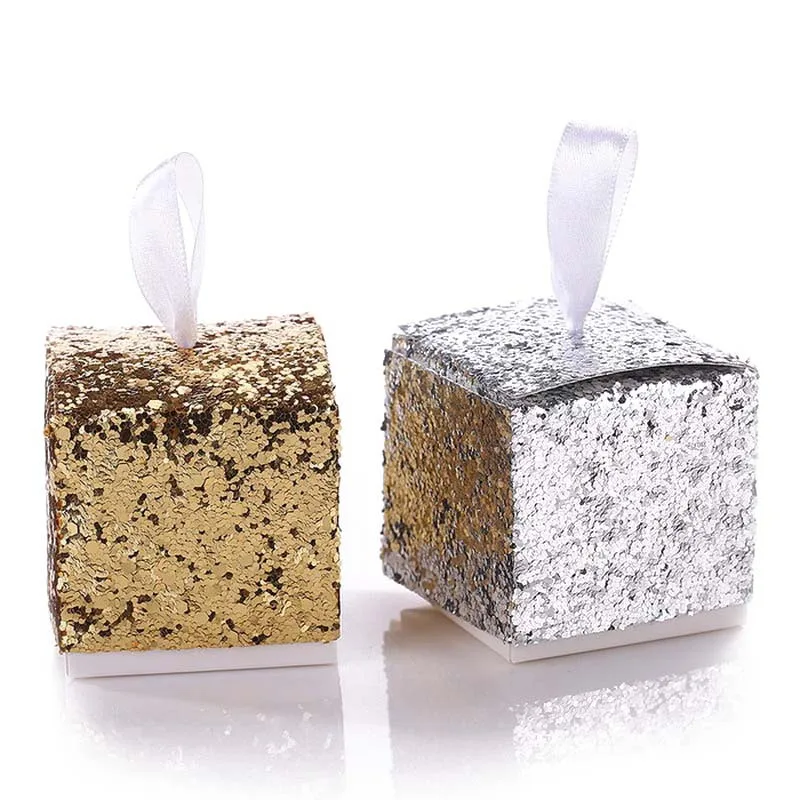 Gold Square Packaging Sugar Box Glitter Silver Purple Wedding Candy Box 50pcs Party Candy Boxes And Gift Bags