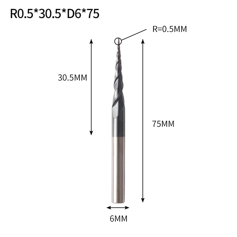R0.5X30.5XD6X75L Augusttools коническая Концевая фреза HRC 55 Вольфрамовая твердосплавная фреза 3,175 мм 4 мм 6 мм с шариковым носом коническая концевая фреза для дерева и металла - Длина режущей кромки: R0.5X30.5XD6X75L