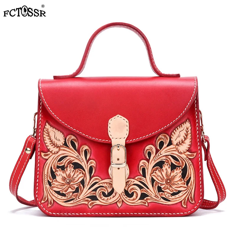 

Leather Chinese Style Hand Sewing Crossbody Bag With Handle Vintage Ethnic Shoulder Bag Hasp Flap Carving Flower Women Handbag