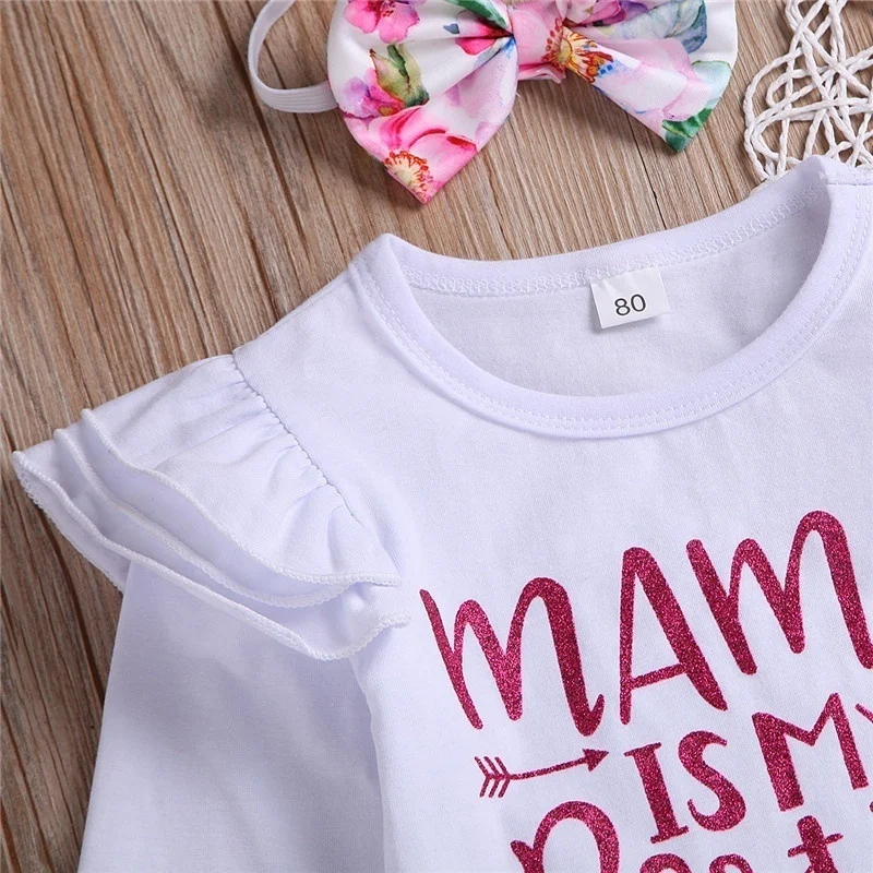 Newborn Baby Girl Mama Is My Bestie Cute Letter Printed Ruffle Long Sleeve Romper Floral Pants with Waist Bowknot Outfits | Детская