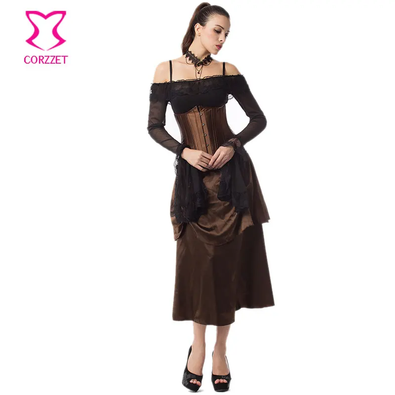 Корсет Женский коричневый из сатина 24 стальных косточек в стиле стимпанк |