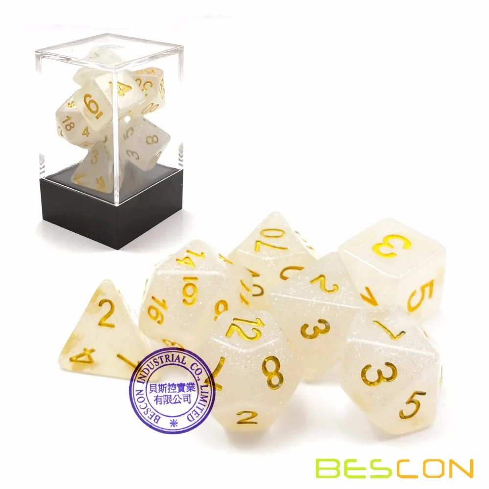 Bescon интенсивный блеск игральные кости DND, кисточки, набор из 7 шт вуаль водяного тумана Новые блестящие многогранные набора пресс-форм, d4 d6 d8 d10 d12 d20 d%, коробка в форме лего-блока посылка