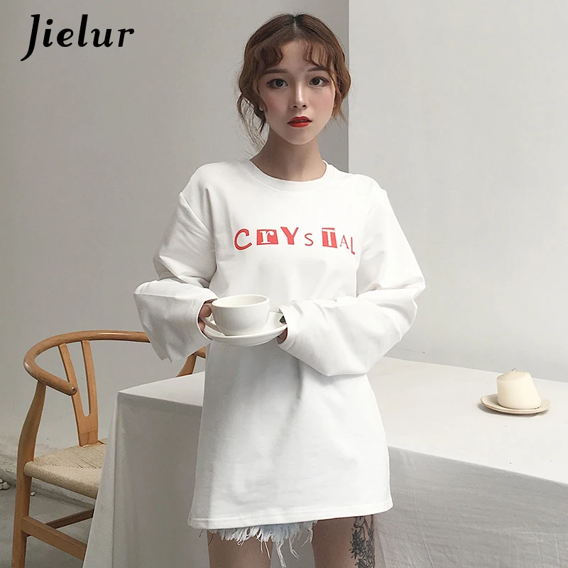Jielur 2019 харадзюку шикарные футболки с буквенным принтом женские осенние