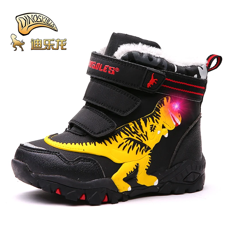 Dinoskulls Boys High Boots Children Warm Fleece Boots Kids Boys Winter Warm Shoes Light Up Led Shoes Boys T-REX Boots 27-34 - Цвет: black