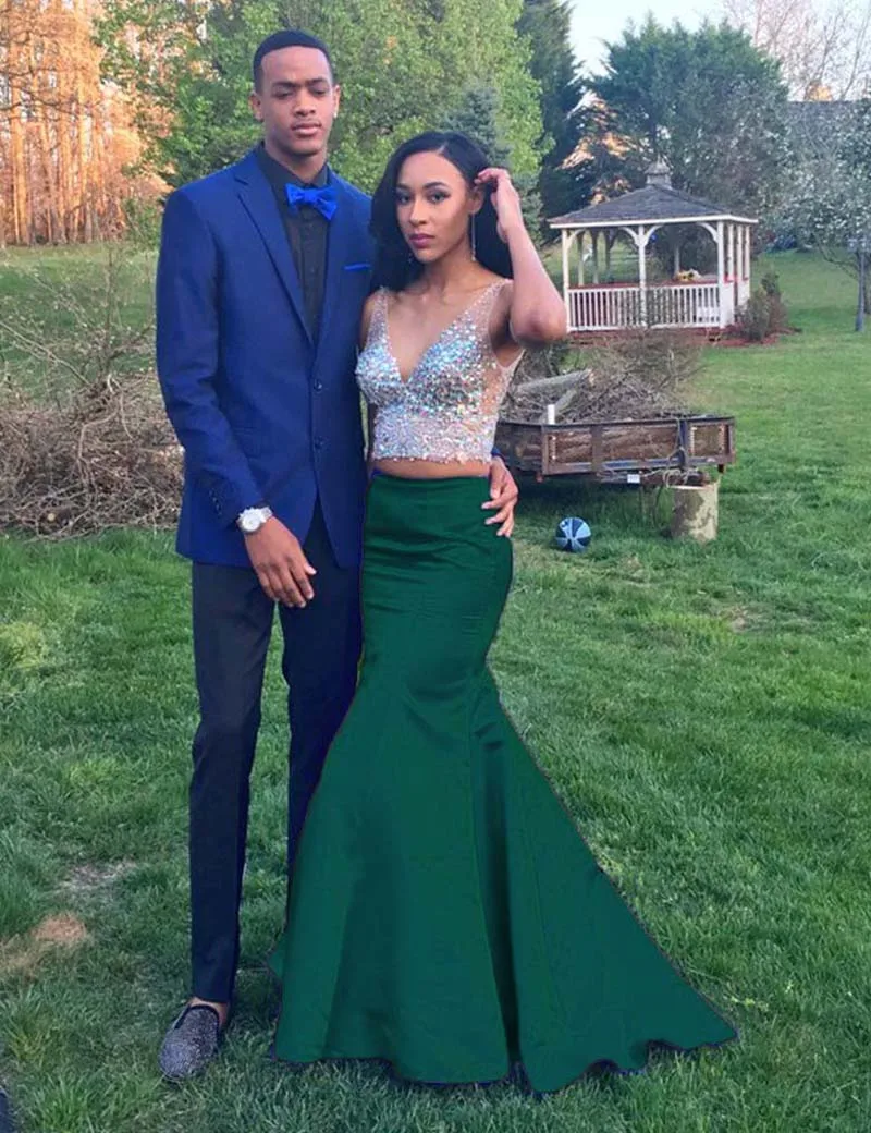 

2017 Sexy See Through Mermaid Prom Dresses Two Pieces V-neck Crystal Beaded Royal Blue Evening Gowns Vestido De Festa