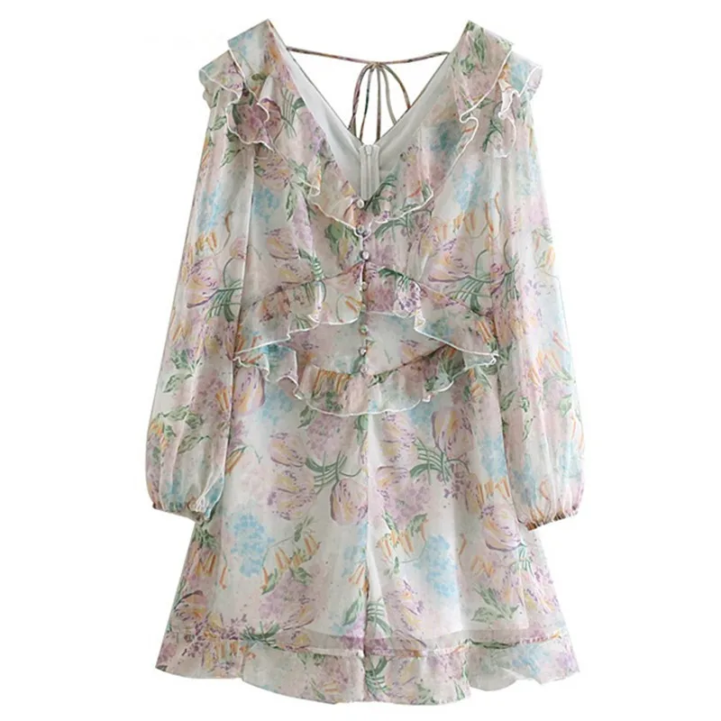 Женский комбинезон в богемном стиле с v-образным вырезом цветочным принтом и