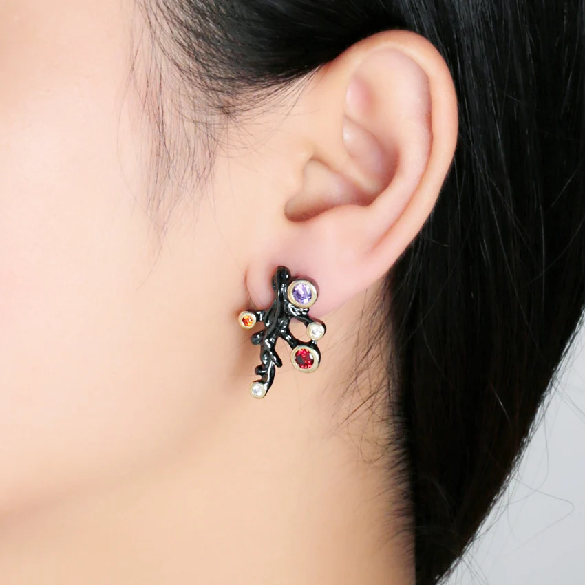 ZHE FAN Vintage Stud Earrings For Women AAA CZ Zirconia Black Gold Color Tree Branch 2 Tone Plating Jewelry Party Gift |