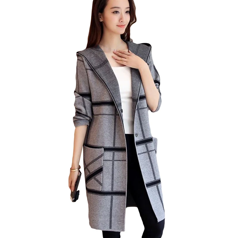 Женский вязаный свитер с капюшоном клетчатая куртка свободные длинные свитера