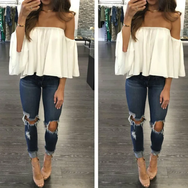 Горячая 2017 Для женщин Блузки для малышек шифон Slash Средства ухода за кожей шеи с