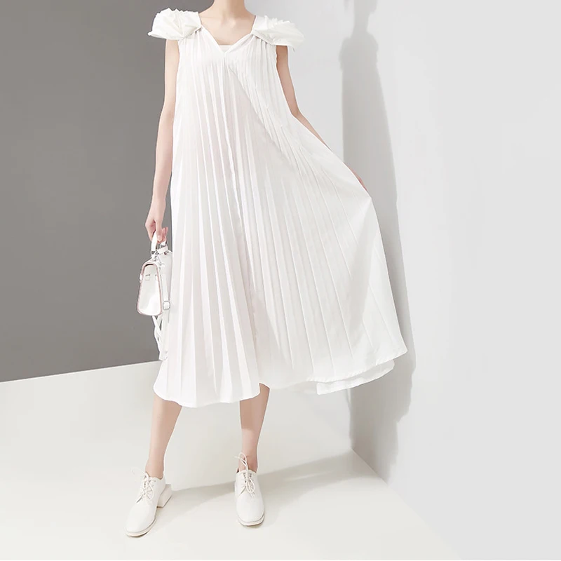 Женское плиссированное платье Johnature однотонное свободное Повседневное с V