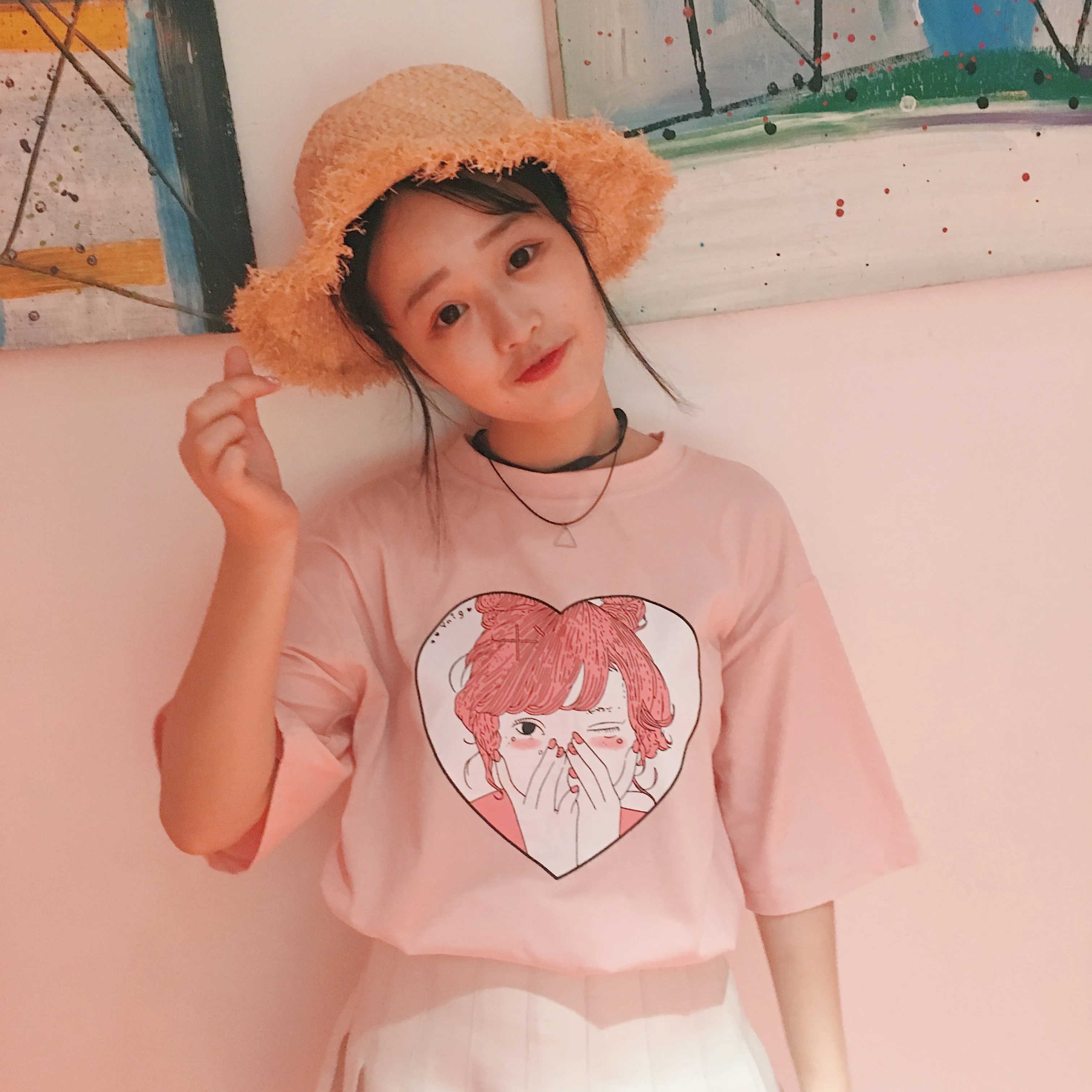 2021 летние модные топы в Корейском стиле Ulzzang Harajuku с мультяшным принтом Футболка