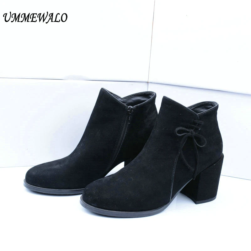 

UMMEWALO Boots Women Suede Leather High Heel Boots Qualiy Round Toe Shoes Ladies Casual Autumn Winter Shoes botines mujer