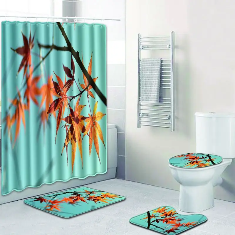 Free Shipping 4Pcs Red Maple Tree Banyo Paspas Bathroom Bath Mat Set Anti slip Tapete Banheiro Washable Toilet Rug Alfombra Bano | Дом и сад