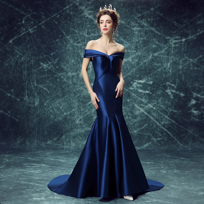 Роскошный SSYFashion Королевский синий атласный Сексуальный рыбий хвост вечернее платье невесты тонкий банкет с открытыми плечами на шнуровке длинное платье для выпускного вечера