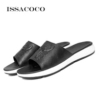 issacoco genuine leather mens slippers men flip flops high quality beach sandals non slip male slippers home slippers pantuflas