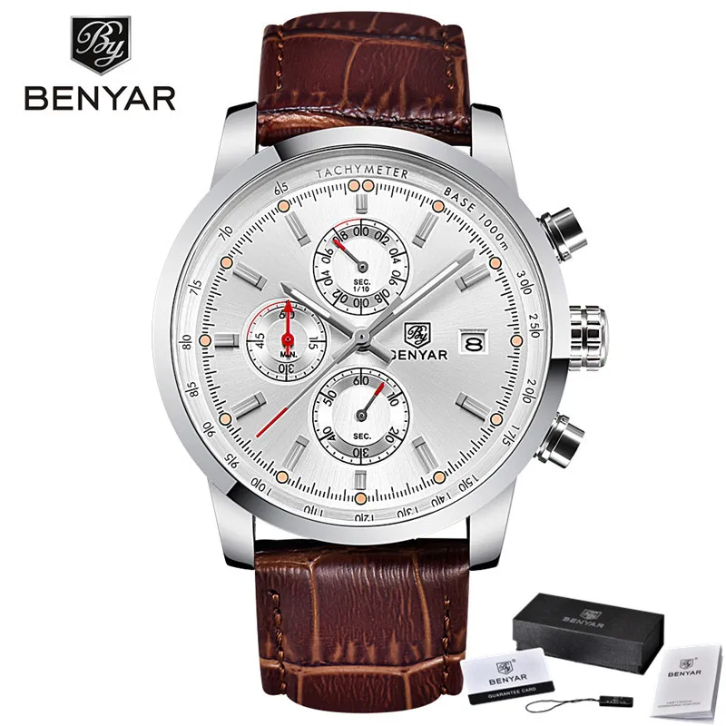 5102C06 with box Relogio Masculino BENYAR часы мужские Топ люксовый бренд хронограф спортивные мужские часы военные кожаные часы кварцевые наручные часы 5102 - Цвет: 5102C06 with box