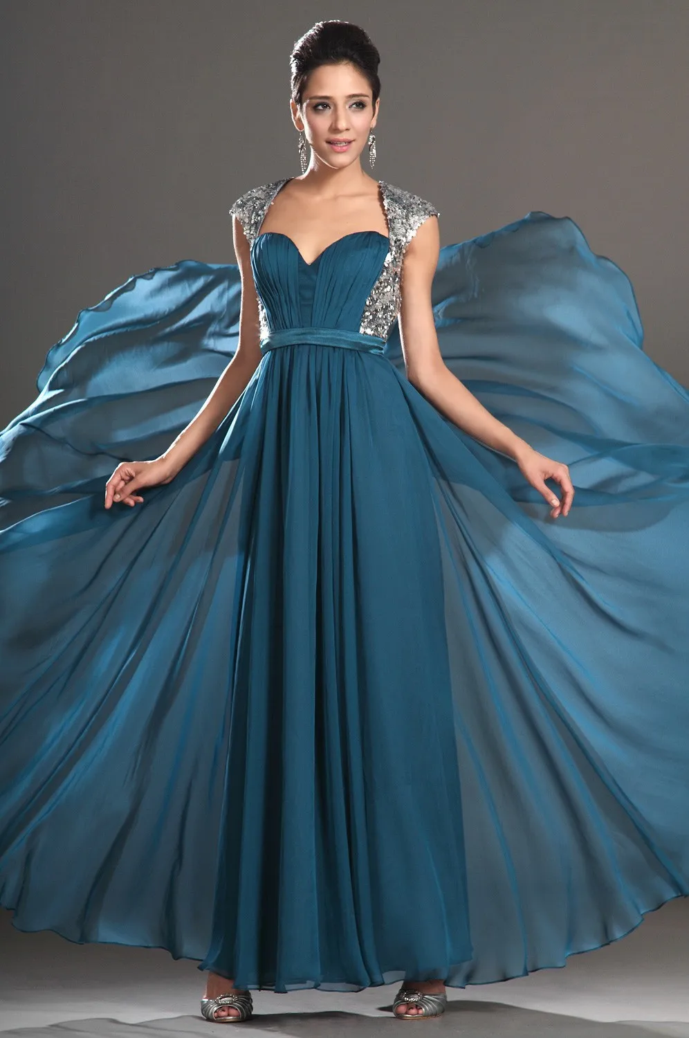 Custom Made Open Back Flowing Chiffon Long Silver Sequin Sexy Prom Dresses 2014 Evening Dress Party | Свадьбы и торжества
