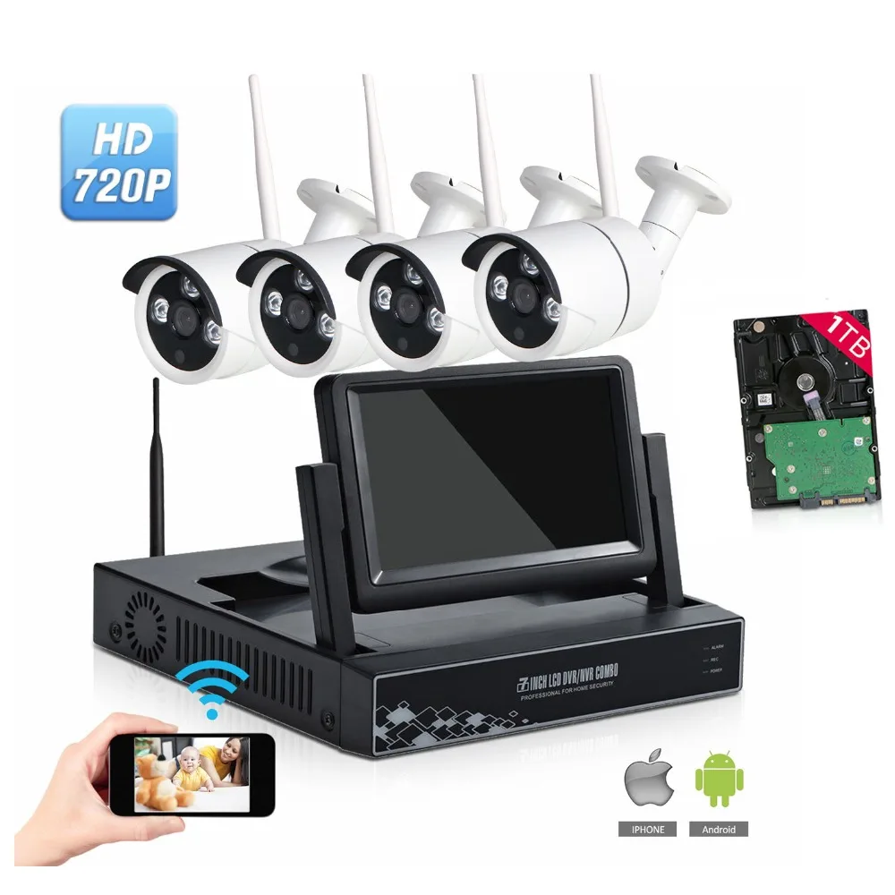 

720P Wireless CCTV System 7 Inch Monitor 4CH Wireless NVR IP Camera IR-CUT Bullet Home Security System CCTV Kit WiFi Camera
